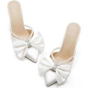 White Satin Bow Heels Womens Pointed Rhinestone Closed Toe Sandals Wedding Shoes